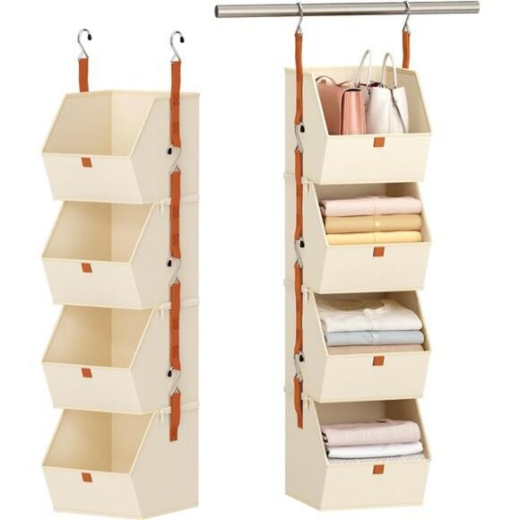 Hanging closet organizer 4 tier shelves with fabric storage bins bedroom dorm RV - Picture 1 of 8